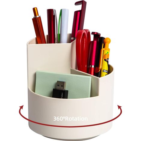 Pot à crayons de bureau, 3 compartiments rotatifs à 360°, rangement pour fournitures de bureau, joli pot pour le bureau, l'école, les fournitures artistiques et les enfants - Blanc (1/5)