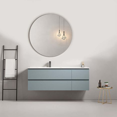 Mobile bagno sospeso 140 cm Blu Avio Lavabo a Sinistra in Resina Specchio Tondo - Fiji Paint (1/4)