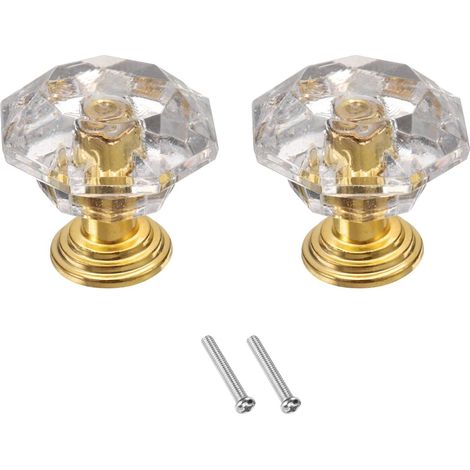 uxcell – Lot de 2 poignées de meuble en cristal – Boutons de tiroir en cristal de 24 mm pour armoire, placard, penderie et commode – Transparent/Doré