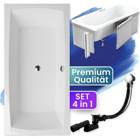 Badewanne Rechteck 140x70 mit Styroporverkleidung, Ablaufgarnitur & Füßen GRATIS - Komplettset 4in1 Original Acryl Wanne Siphon - BADLAND APRI (1/5)