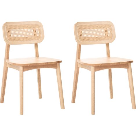 Conjunto de 2 sillas de comedor sin brazos con respaldo de ratán trenzado y asiento de madera de caucho marrón claro Keno