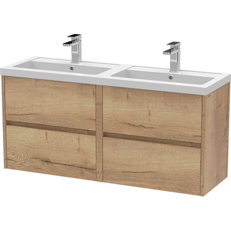 Chartley Contemporary 4 Drawer Wall Hung Vanity Unit with Double Basin, Autumn Oak, 1200mm