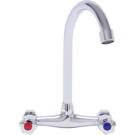 Miscelatore per cucina - a parete, a doppio foro - acqua calda e fredda, girevole a 360°, con doppia maniglia, in ottone, con valvola in ceramica - colore argento.