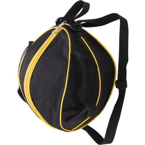 Runde Aufbewahrungstasche aus Oxford-Gewebe für Basketbälle, geeignet für Hallensportarten. Schwarzer Stoff mit gelben Kanten. (1/5)