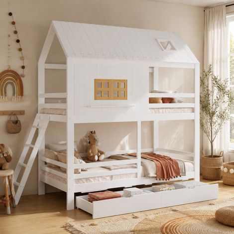 Litera infantil 90x200 cm de madera blanca y natural con almacenaje para dormitorio (1/5)