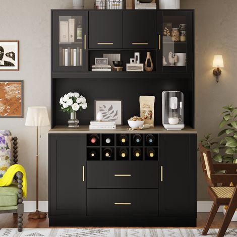 Meuble de rangement pour cuisine, buffet haut 120x36,3x180 cm, avec éclairage LED et prise intégrée, six portes, deux grands tiroirs, finition noir et blanc. (1/5)