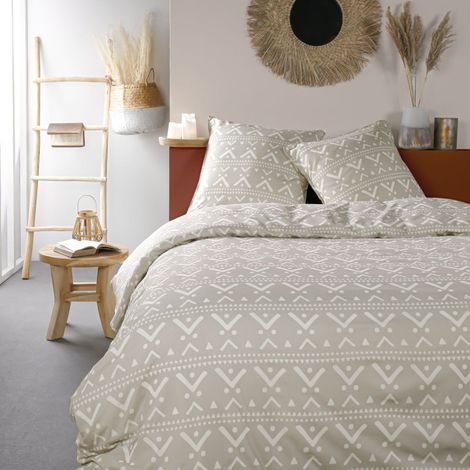 Parure de lit double imprimé aztèque en coton "Sunny" - Beige - 220 x 240 cm - Livraison gratuite (1/3)