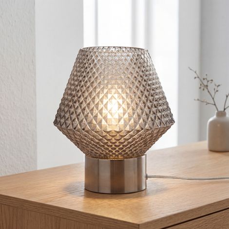 Lampe de table métal verre fumé 17,5 cm haut chrome gris fumé E27 Art Déco