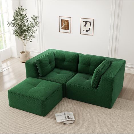 Modulares Ecksofa Grün aus Cord mit beweglichem Hocker und flexibel kombinierbaren Modulen (1/5)