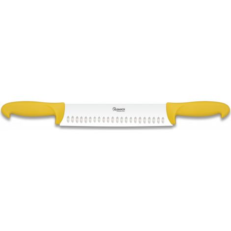 Doppio coltello Mango Albainox per formaggi con lamiera di acciaio inossidabile alveolata di 19,5 cm in giallo 17279