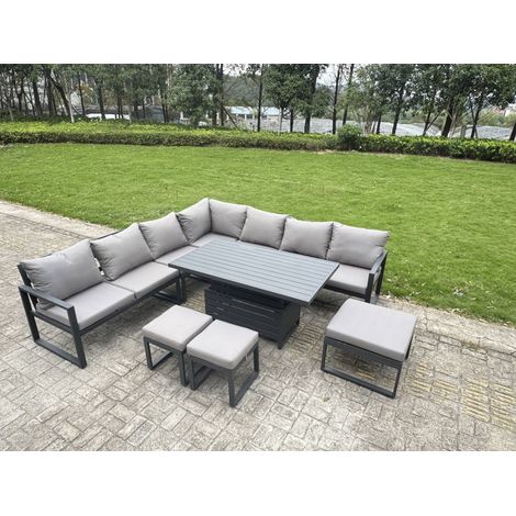 Fimous L-shaped Garden Furniture Set 10-Seater Aluminium Outdoor Dining Set with Adjustable Rising Lifting Dining Table 3 Footstools Dark Grey (1/5)