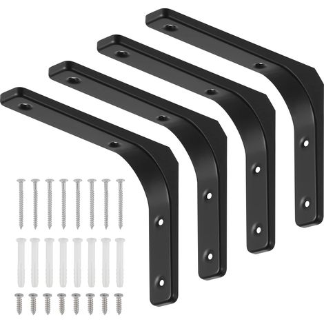 4 soportes para estantes negros, soportes para estantes montados en la pared, soporte de pared en forma de L con tornillos y anclajes a juego, capacidad de carga máxima 70 kg (150 x 200 mm) (1/5)