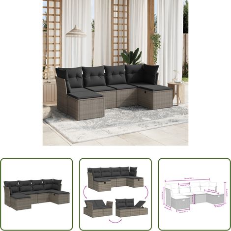 Gartensessel - 6-tlg. Garten-Sofagarnitur mit Kissen Grau Poly Rattan (1/5)