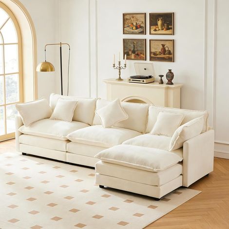 Seyakany canapé 3 places moderne avec repose-pieds,canapé d'angle en L avec coussins,canapé d'angle modulaire en forme de L,tissu chenille(Beige) (1/5)