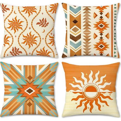 Housse de Coussin Soleil Boho Orange 45 x 45 cm Sud-Ouest Tribal Ethnique Soleil Taie d'oreiller pour Canapé Chambre Chaise Patio Maison 4 (1/4)