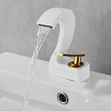 Robinet de salle de bain cascade à poignée unique, montage monotrou, eau chaude et eau froide, or blanc (1/4)