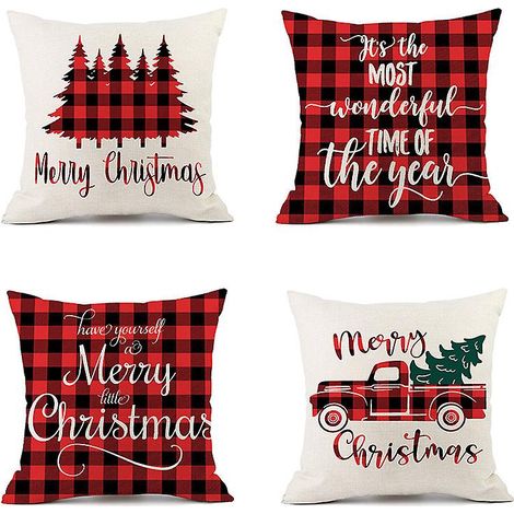 Housse de coussin de Noël 45 x 45 cm, décoration de canapé à carreaux, motif Joyeux Noël (1/4)
