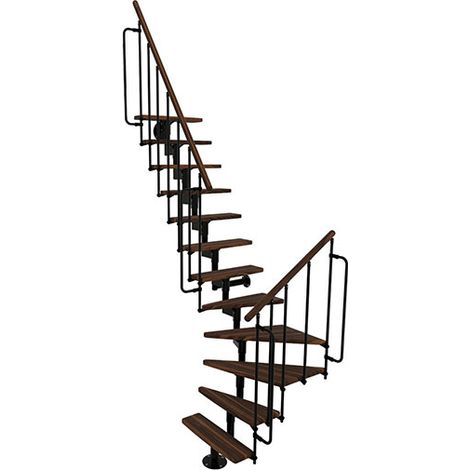Viertelgewendelte Treppe 12 Stufen - erreichbare Höhe 2.06 bis 2.81m - Schwarze Struktur und Walnussfarbene Stufen - JOKER-L-SNMNOY-12