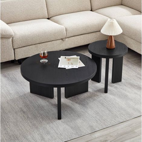 Sideboard Set aus 2 runden Couchtischen in Schwarz aus MDF mit Rillenstruktur (1/5)