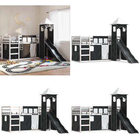 Etagenbett mit Rutsche und Gardinen Weiß und Schwarz 90x190 cm - Kinderhochbett - Holzbetten - Jugendzimmermöbel - Etagenbett Mit Rutsche - Hochbett Mit Vorhängen - Home & Living