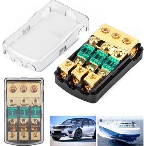 Bloc de distribution porte-fusibles mini ANL 3 voies 60 A pour système audio automobile, avec entrée 0/2/4 AWG et sortie 4/8/10 AWG. (1/5)