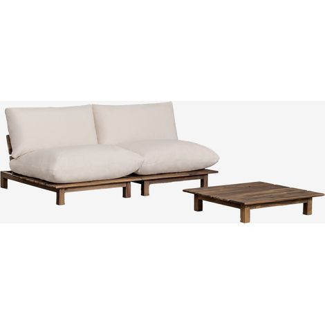 SKLUM Wohnzimmerset mit 2-teiligem modularen Liegesofa und Couchtisch aus Brina-Akazienholz Creme-Beige                                  