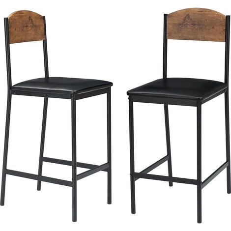 Lot de 2 Chaises de Bar 64 cm, Assise Rembourrée en PU, Dossier Ergonomique et Repose-Pieds, Pieds en Métal, Marron (1/5)
