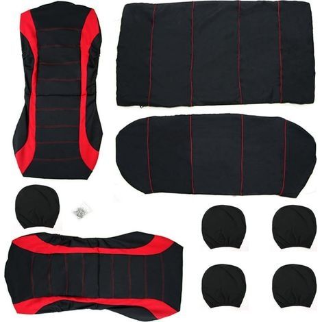 Universelle Autositzbezüge Schwarz/Rot, Autoinnenausstattung, Sportliches Autositzkissen, Komplettes 9-teiliges Set (1/4)