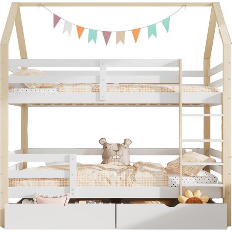 Lit en bois massif blanc et chêne 90x200 cm avec tiroirs de rangement, sommier à lattes inclus (1/5)