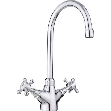 JASSFERRY Swan Neck Kitchen Mixer Tap Monobloc Two Crosshead Handles Swivel Spout Chrome (1/5)