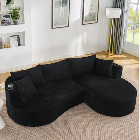 Sofá 3 plazas negro de espuma y pana suave con chaise longue derecha, diseño curvo, portavasos y cojines (1/5)