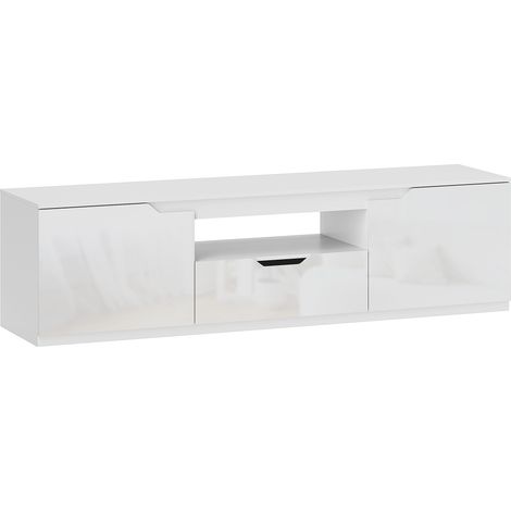 Meuble TV 160 cm – 2 portes, tiroir, gestion câbles, jusqu’à 65’’, blanc