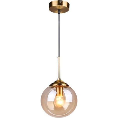 Lustre globe en verre vintage, ferrures en laiton, lumière chaude E27, convient pour salle à manger et chambre (lumière simple, ambre) (1/4)