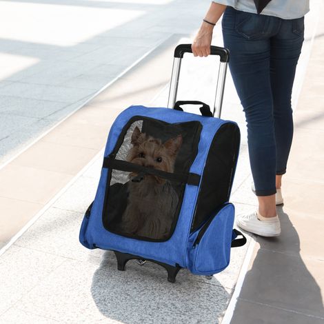 Mochila transportadora 2 en 1 para perros y gatos con bolsillos laterales, asa telescópica y ruedas, 42x25x55cm, azul