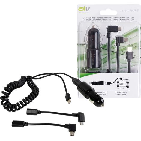 12V/24V Spiral Ladekabel 2.1A USB-C + Adapter Micro-/Mini-USB (1/5)