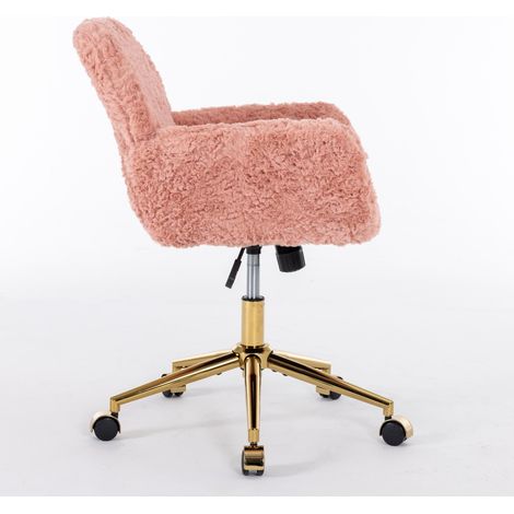 Chaise de bureau rose en fausse fourrure de lapin avec accoudoirs, hauteur réglable et base roulante dorée (1/5)