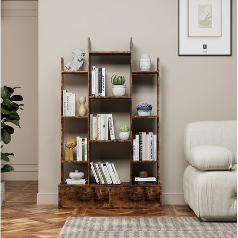 Estantería librería (86.1x25.1x140.5 cm), con 2 cajones, 12 baldas, diseño industrial, metal y madera marrón (1/5)