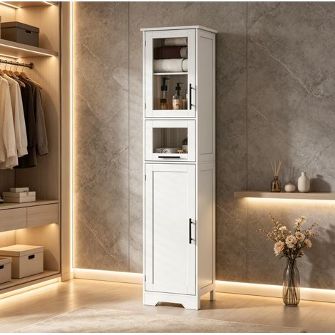 Meuble colonne de salle de bain blanc en MDF, 1 tiroir, 2 portes dont une vitrée, étagères réglables sur 3 niveaux, rangement étroit 31 cm pour linge et accessoires – CHICFURN (1/5)