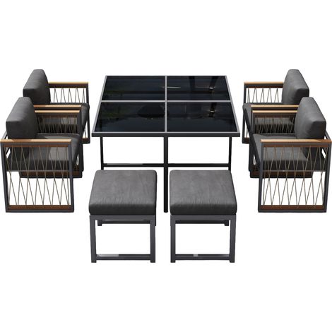 Salon de Jardin 6 Personnes 7 Pièces, Ensemble Repas Extérieur avec Table Carrée en Verre Trempé et Fauteuils, Mobilier de Terrasse Fer et Bois (1/5)