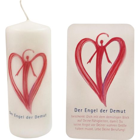Bougie blanche avec cœur ange de l'humilité rouge et carte d'ange avec inscription en allemand comme cadeau et petit cadeau pour maman, tante, petite amie ou un être cher (1/4)