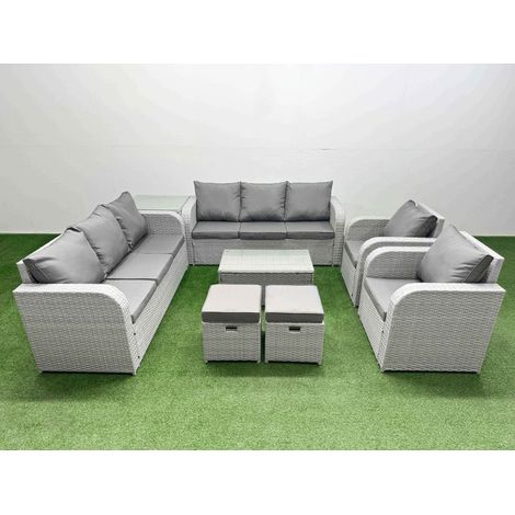 Fimous PE Rattan High Back Lounge Sofa Set Patio Coffee Table & Chairs Set with 3 Seater Sofa Reclining Chair Stools Side Table Light Grey (1/4)