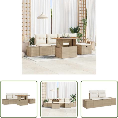 Gartentisch - Gartensofa-set mit Kissen mit Speicher 6 pcs Beige Poly-Rattan (1/5)