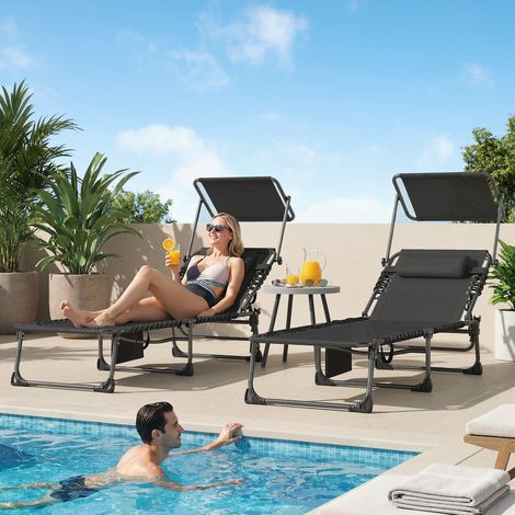 Set aus 2 klappbaren Sonnenliegen mit Kopfstütze, Sonnenschutz, Seitentasche und 5-fach verstellbarer Rückenlehne, Schwarz