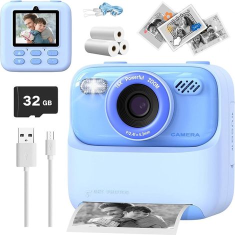 Appareil Photo Instantané Enfant - Caméra Numérique avec Impression Thermique - Écran 2,4 Pouces IPS - 1080P Vidéo - 16x Zoom Numérique - 3 Rouleaux Papier Inclus - 1 Pièce