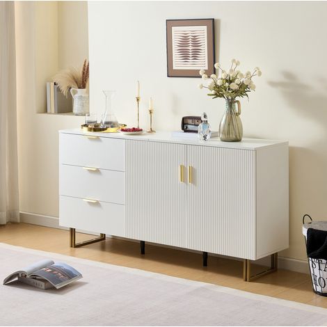 Aparador de MDF blanco 160 x 40 x 81,5 cm con 2 puertas y 3 cajones, tiradores dorados de aleación de aluminio (1/5)