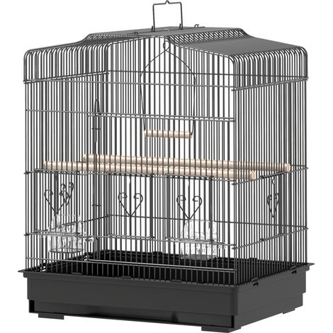 Cage à oiseaux 46,5 x 36 x 59 cm avec 2 mangeoires, 2 perchoirs, une balançoire, un plateau amovible et une structure en acier noir. (1/5)