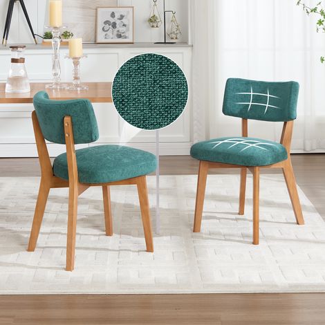 Ensemble de 2 chaises de salle à manger design milieu du siècle avec pieds en bois massif, assise rembourrée en tissu lin vert – chaises vintage pour cuisine, salle à manger ou bureau (1/5)