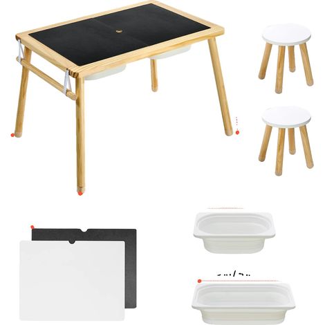 Mesa sensorial, tablero de doble cara, cajas de almacenamiento plegables, conjunto de mesa y sillas. (1/2)