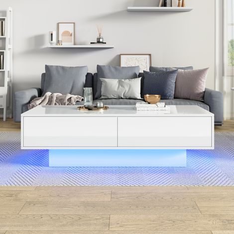 Table de salon moderne blanche laquée brillante, 115 x 55 x 34 cm, 2 tiroirs, éclairage LED, charge max 30 kg – Meuble bas élégant