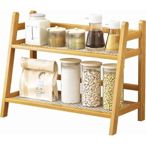Station à café aspect panier, étagère en bambou à 2 niveaux, étagère de cuisine, plan de travail, pour matcha et accessoires de café, thé, café, bar, présentoir de tasses, organisateur (1/5)
